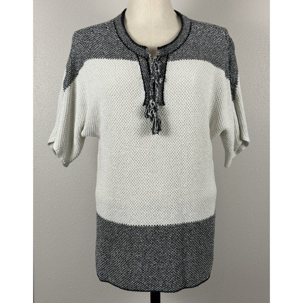 Christopher & Banks Textured Knit Top Womens XL Black White Short Sleeve Tassel